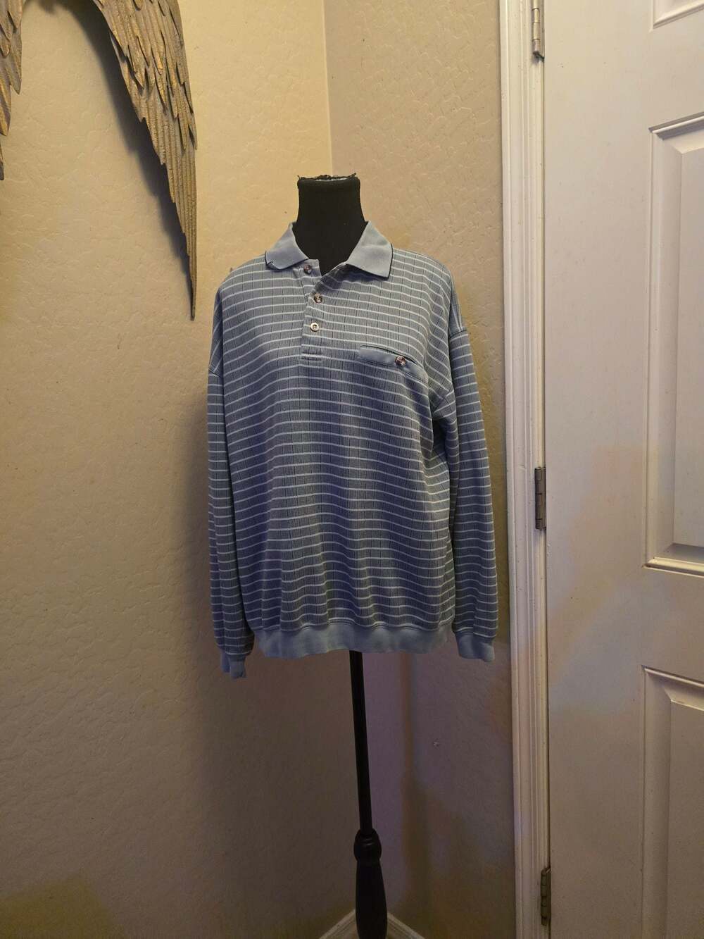 Safe Harbor Sportswear Vintage Textured Striped Long Sleeve Banded Bottom Polo S